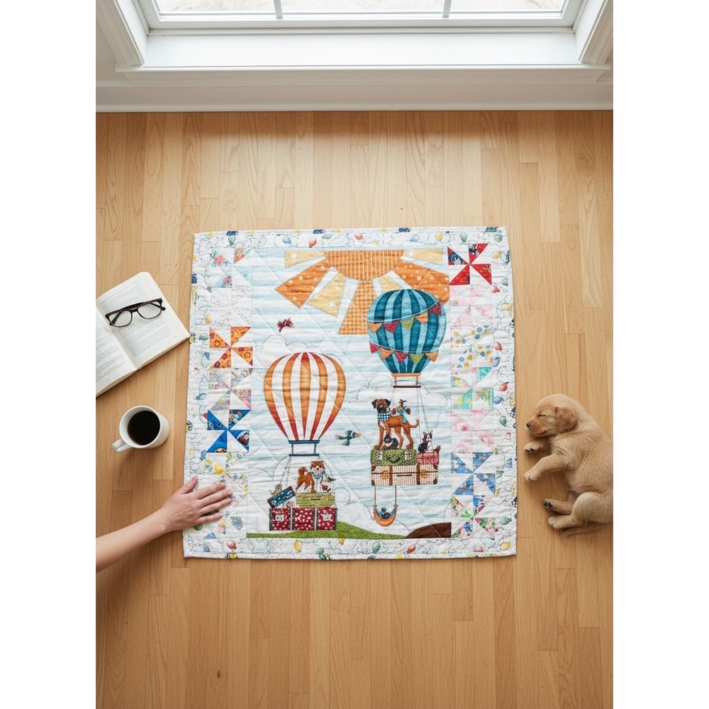 Handmade Baby Quilt Puppies Hot Air Balloon Patchwork Colorful Nursery Playful
